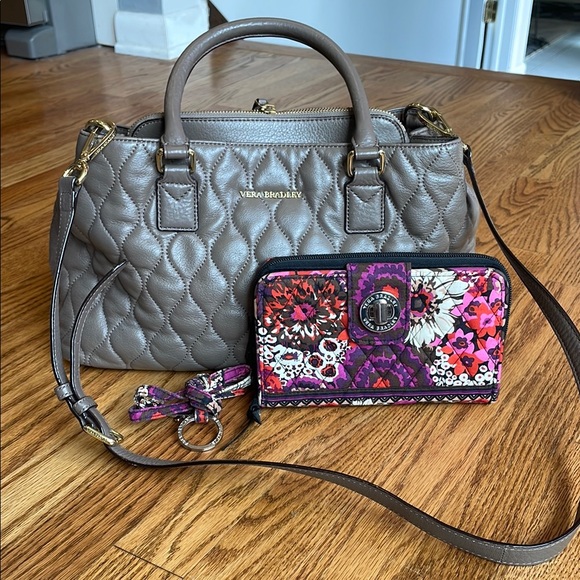 EUC Vera Bradley taupe leather quilted satchel Emma set